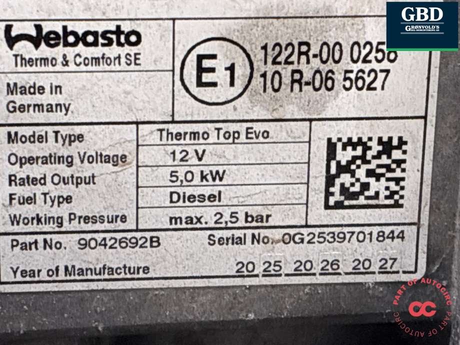 Dieselvarmer til MAN TGE 2017-->> (WEBASTO|65.61901-6010|122R-00 0258|10R-065627)