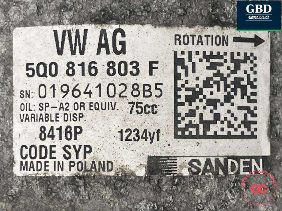 Aircondition kompressor til Škoda Fabia 2014-2021 (Type III)  (SANDEN|5Q0 816 803 D|5Q0 816 803 B|5Q0 816 803 F)