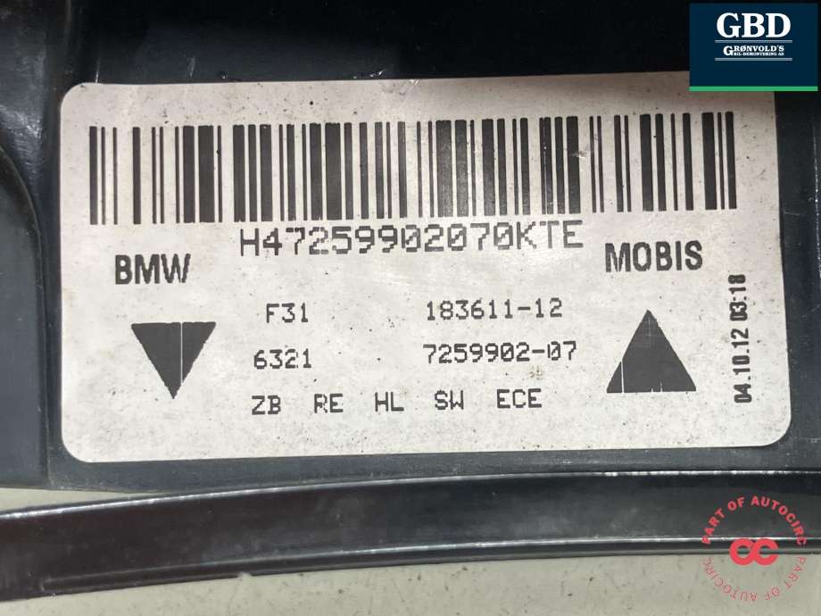Baklykt høyre ytre til BMW 3-Serie 2012-2018 (F30/F31/F34) (F30/F31/F34) (63 21 7 429 728|183611-12|7259902-07)