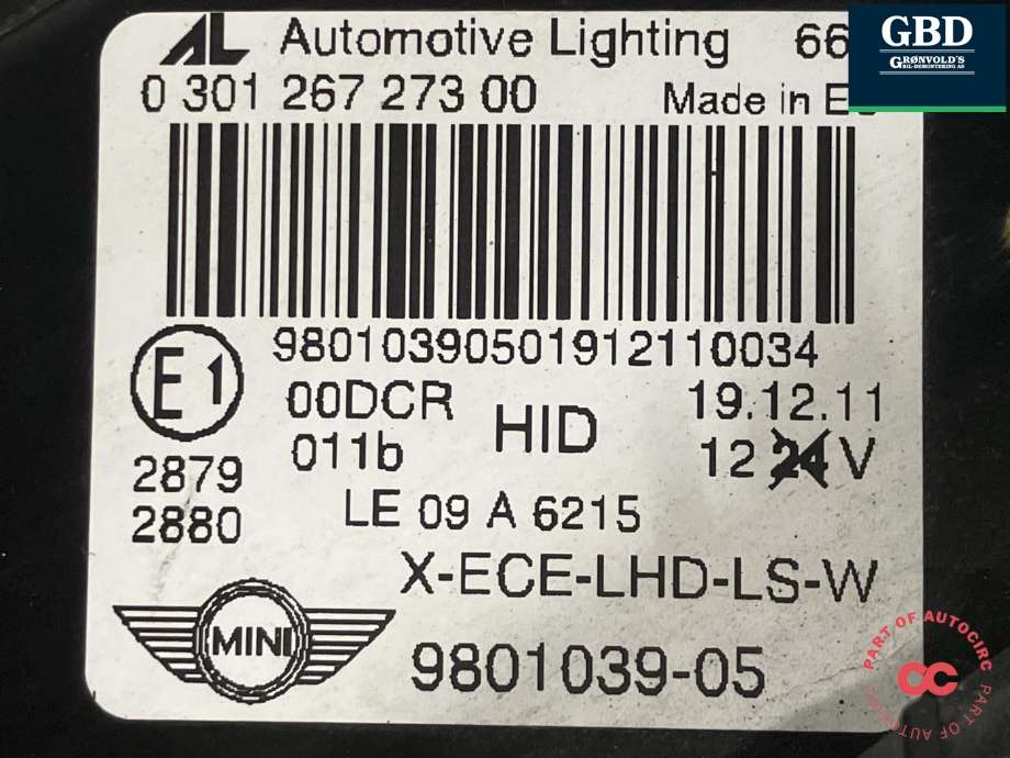 Frontlykt venstre xenon til Mini Countryman 2010-2016 (R60) (R60) (AUTOMOTIVE LIGHTING|63 12 9 807 479|9801039-05| 0 301 267 273 00)