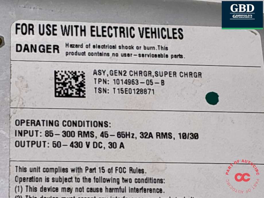 Batterilader (OBC - On Board Charger) til Tesla Model S 2013-2016 (Fase 1) (1014963-00-K|1014963-05-B| 1014963-00-G | 1014963-00-J | 1014963-00-L|1014963-03-A | 1014963-06-A |1014963-99-K)