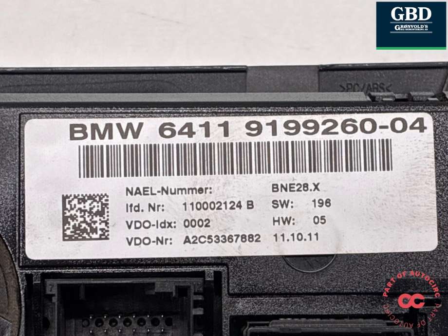 Varmeapparat betjening til BMW 3-Serie 2005-2011 (E90/E91/E92/E93) (E90/E91/E92/E93) (64 11 9 199 260|6411 9199260-04|)