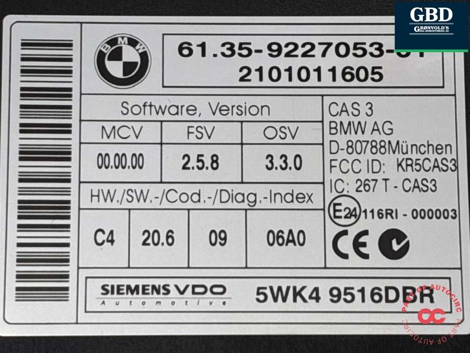 Styreenhet diverse til BMW 5-Serie 2003-2010 (E60/E61) (E60/E61) (61.35-9227053-01|5WK4 9516DBR|)