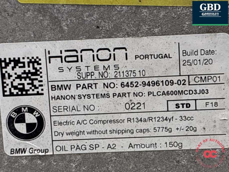 Aircondition kompressor til BMW 3-Serie 2018-->> (G20) (G20) (64 52 9 496 106|6452-9496109-02|)