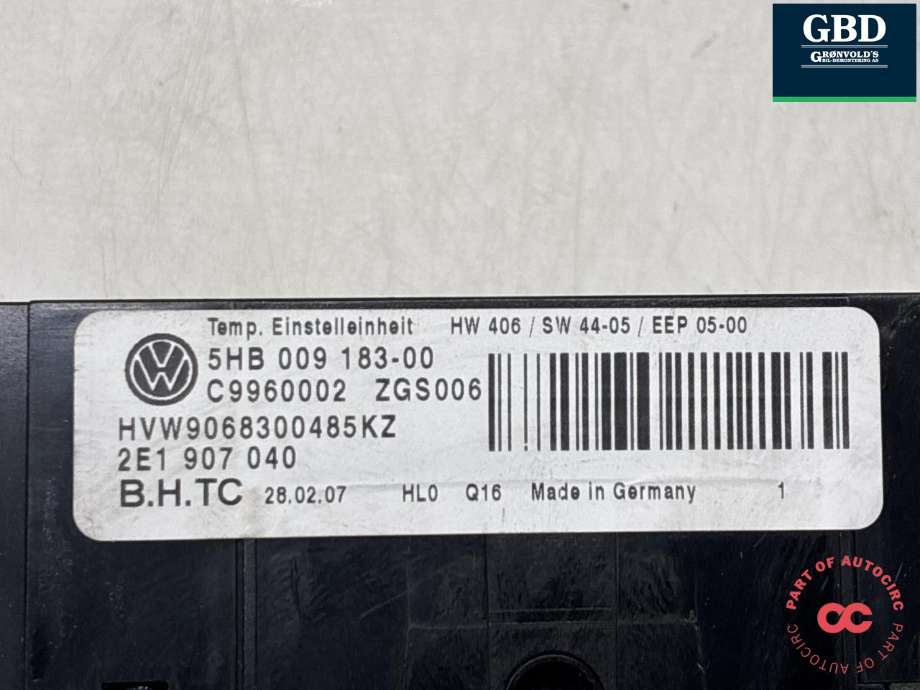 Varmeapparat betjening til VW Crafter 2006-2011 (Type I, Fase 1)  (2E1 927 139 E|2E1 927 139|5HB 009 183-00| C9960002)