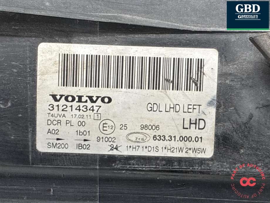Frontlykt venstre xenon til Volvo V70 2007-2013 (Type III, Fase 1)  (31214415|31214347|)