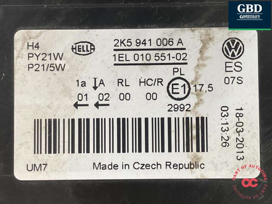 Frontlykt høyre halogen til VW Caddy 2010-2015 (Type III, Fase 2) (HELLA|2K5 941 006 A|1EL 010 551-02|)