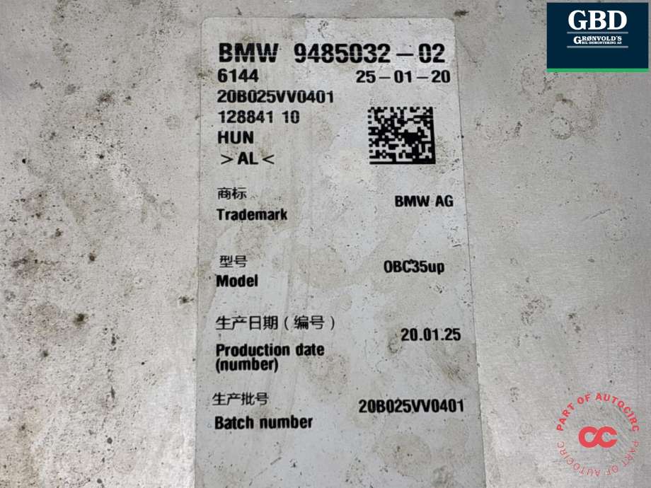 Batterilader (OBC - On Board Charger) til BMW 3-Serie 2018-->> (G20) (G20) (61 44 5 A60 2F9|61 44 9 485 032|9485032-02| V29103158-5003)