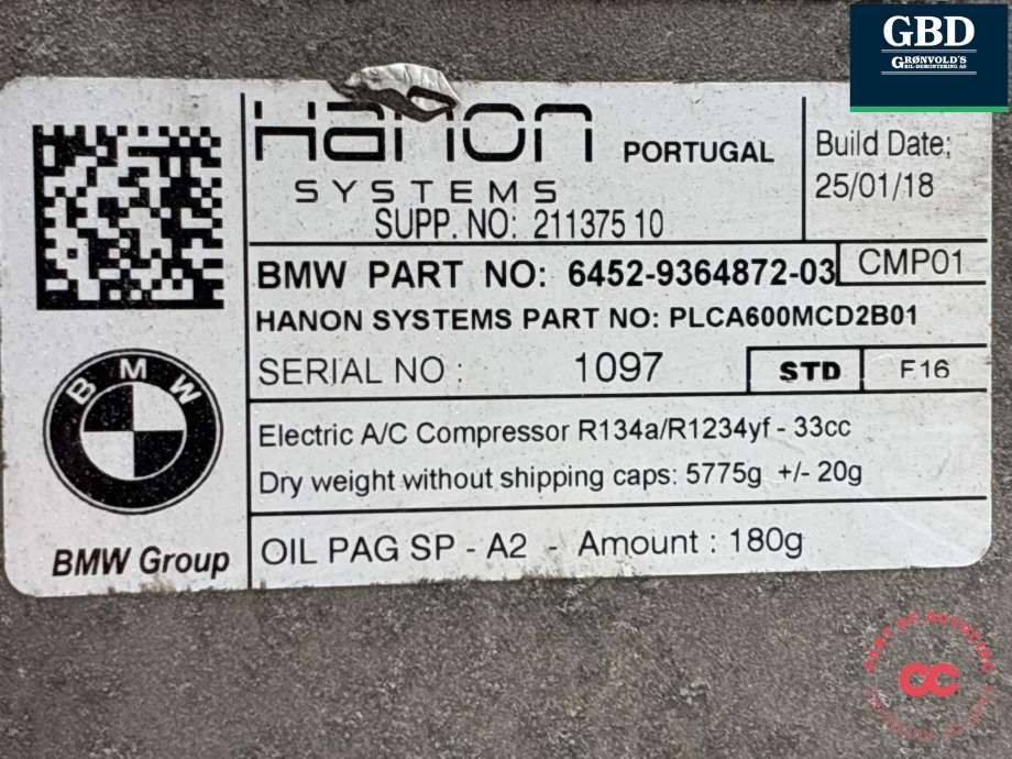 Aircondition kompressor til BMW X5 2013-2018 (F15) (F15) (64 52 9 496 106|6452-9364872-03|)