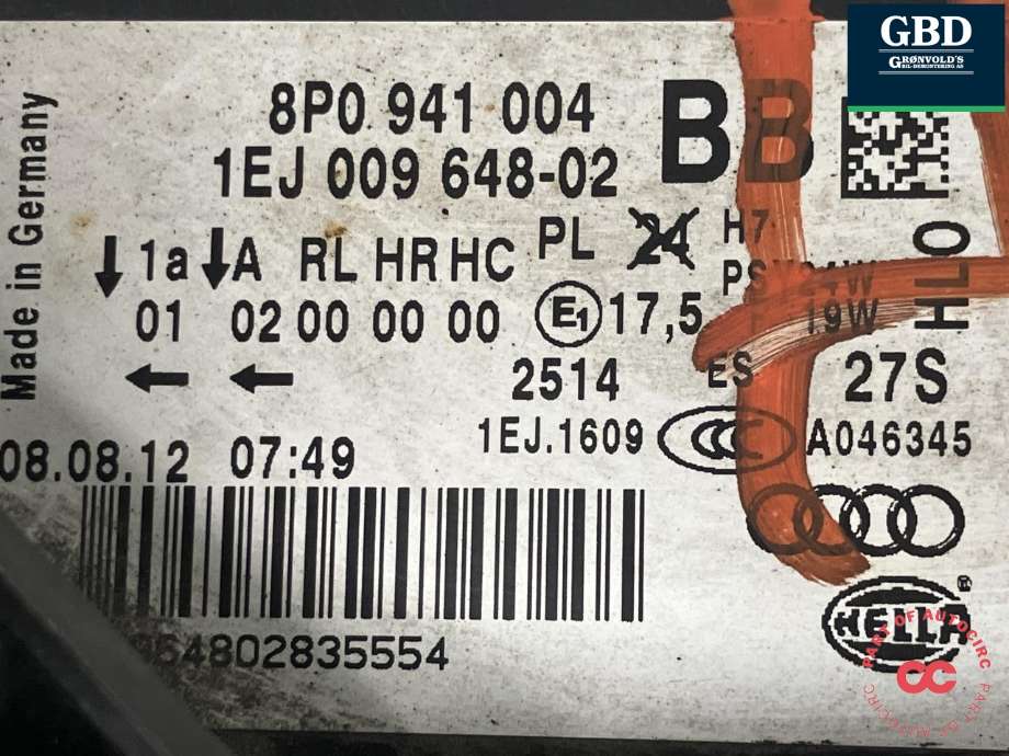 Frontlykt høyre halogen til Audi A3 2009-2012 (Type II, Fase 2)  (8P0 941 004 BQ|8P0 941 004 BL|)