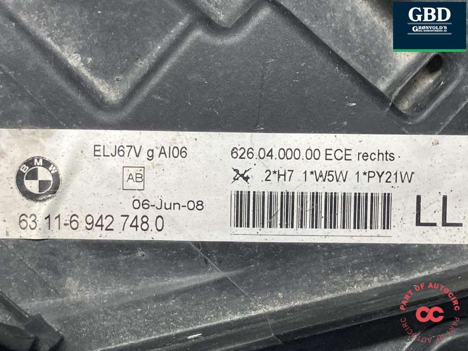 Frontlykt høyre halogen til BMW 3-Serie 2005-2011 (E90/E91/E92/E93) (E90/E91/E92/E93) (ZKW|63 11 6 942 748|)
