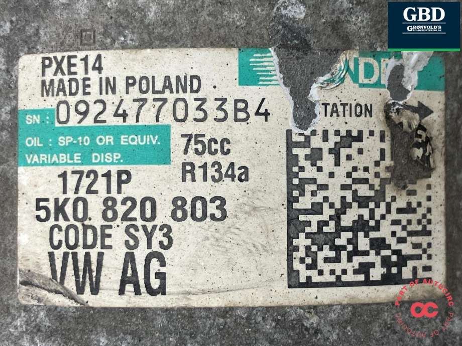 Aircondition kompressor til VW Caddy 2010-2015 (Type III, Fase 2)  (SANDEN|1K0 820 808 F|5K0 820 803)