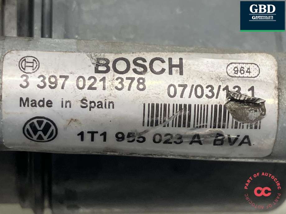 Viskermotor frontrute komplett m/overføring til VW Caddy 2010-2015 (Type III, Fase 2)  (BOSCH|2K1 955 023 J|1T1 955 023 A|1T1 955 119 A)