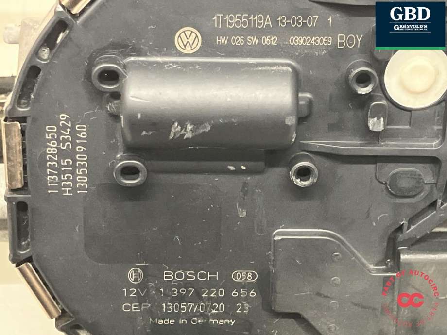 Viskermotor frontrute komplett m/overføring til VW Caddy 2010-2015 (Type III, Fase 2)  (BOSCH|2K1 955 023 J|1T1 955 023 A|1T1 955 119 A)