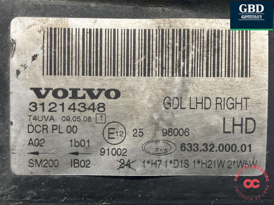 Frontlykt høyre xenon til Volvo V70 2007-2013 (Type III, Fase 1)  (31214416|31214348|)