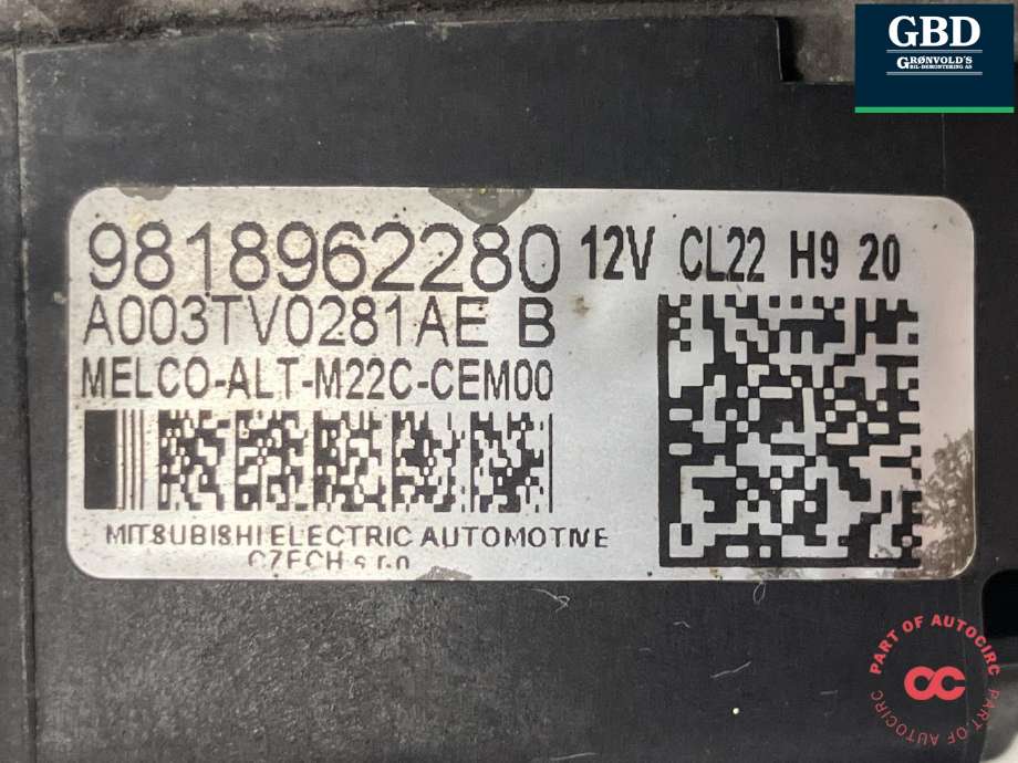 Dynamo diesel til Citroën Berlingo 2019-->> (Type III) (MITSUBISHI|98 189 622 80|16 864 372 80|A003TV0281AE B)