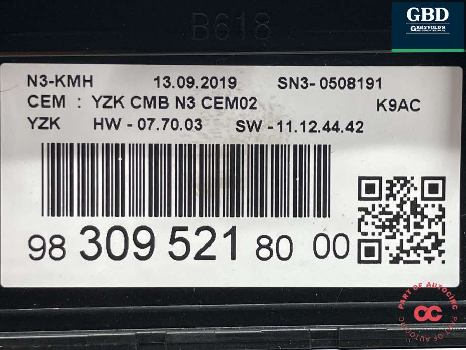Instrumentpanel til Citroën Berlingo 2019-->> (Type III)  (98 380 936 80|98 309 521 80|)