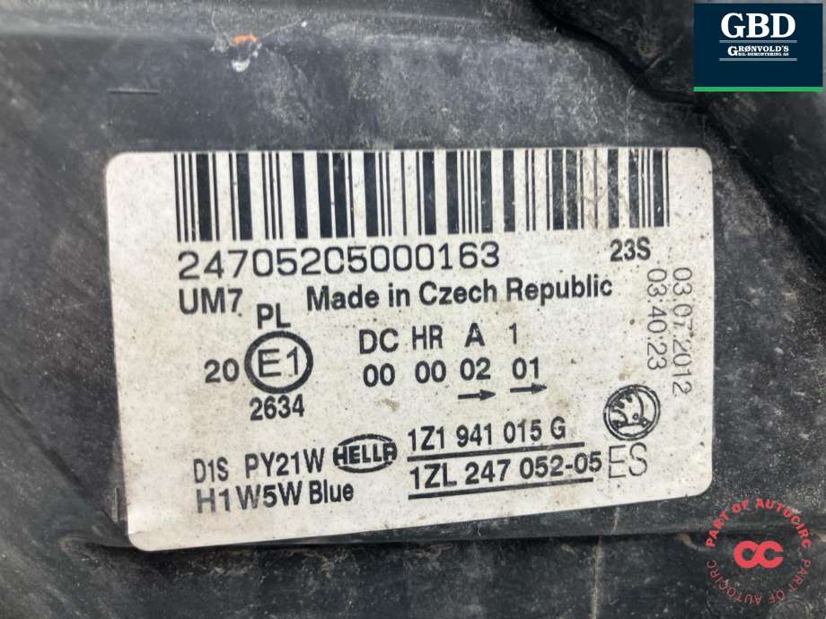 Frontlykt venstre xenon til Škoda Octavia 2009-2013 (Type II, Fase 2)  (1Z1 941 017 T|1Z1 941 015 G|)