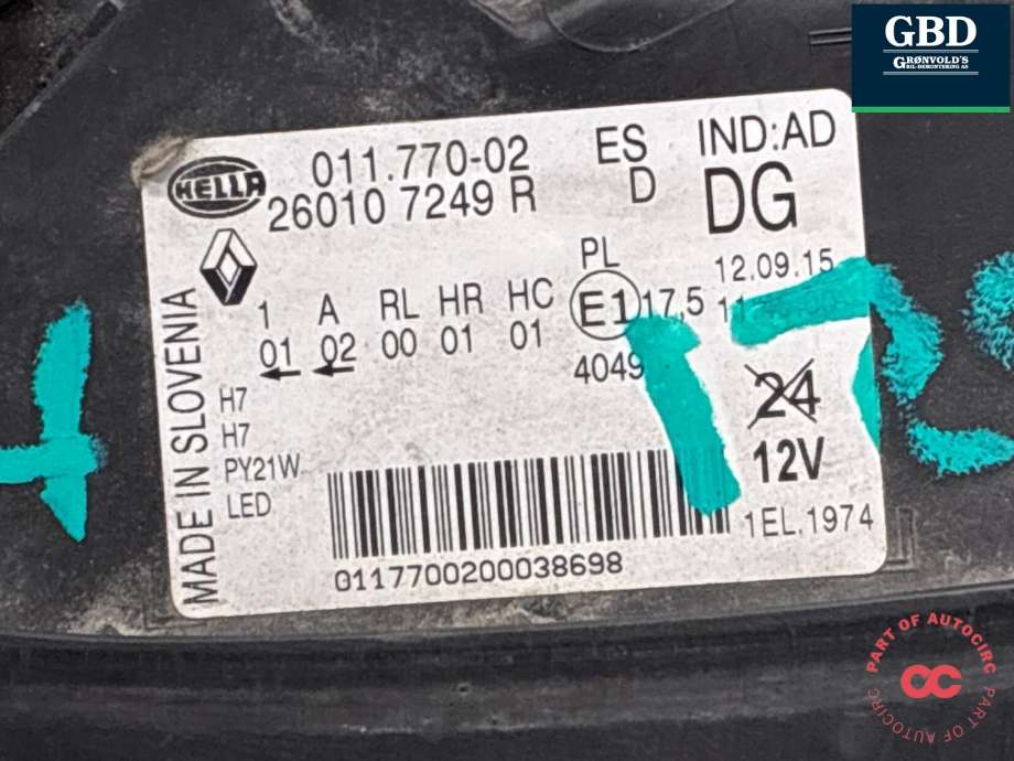 Frontlykt høyre halogen til Renault Kadjar 2015-->>  (26 01 039 03R|26010 7249 R|)