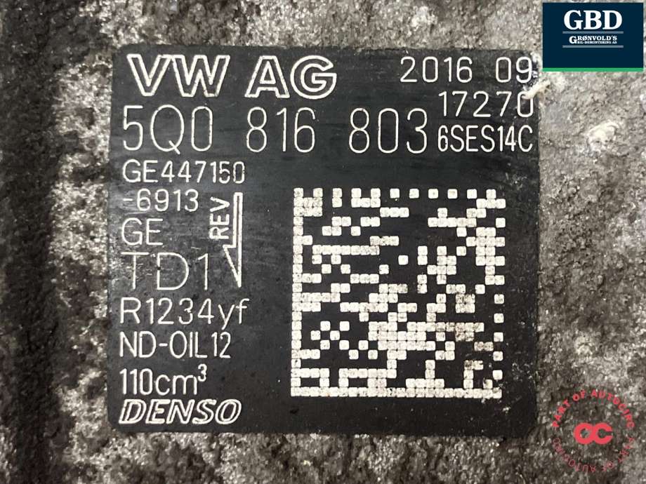 Aircondition kompressor til VW Golf VII 2012-2017 (Fase 1) (DENSO|5Q0 816 803 D|5Q0 816 803|GE447150-6913)