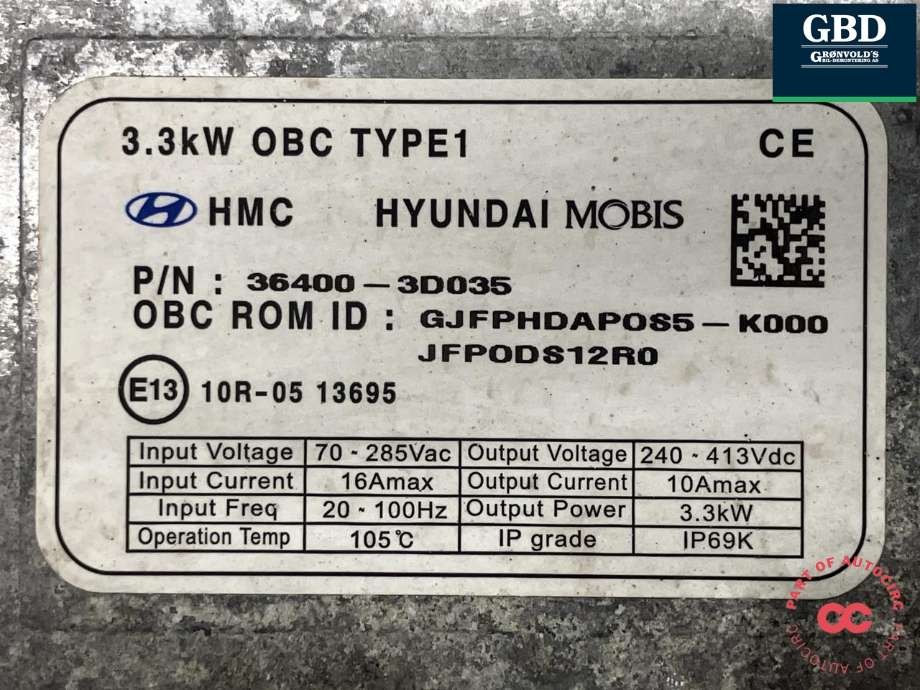 Batterilader (OBC - On Board Charger) til Kia Optima 2017-2020  (36400 3D035|36400-3D035|)