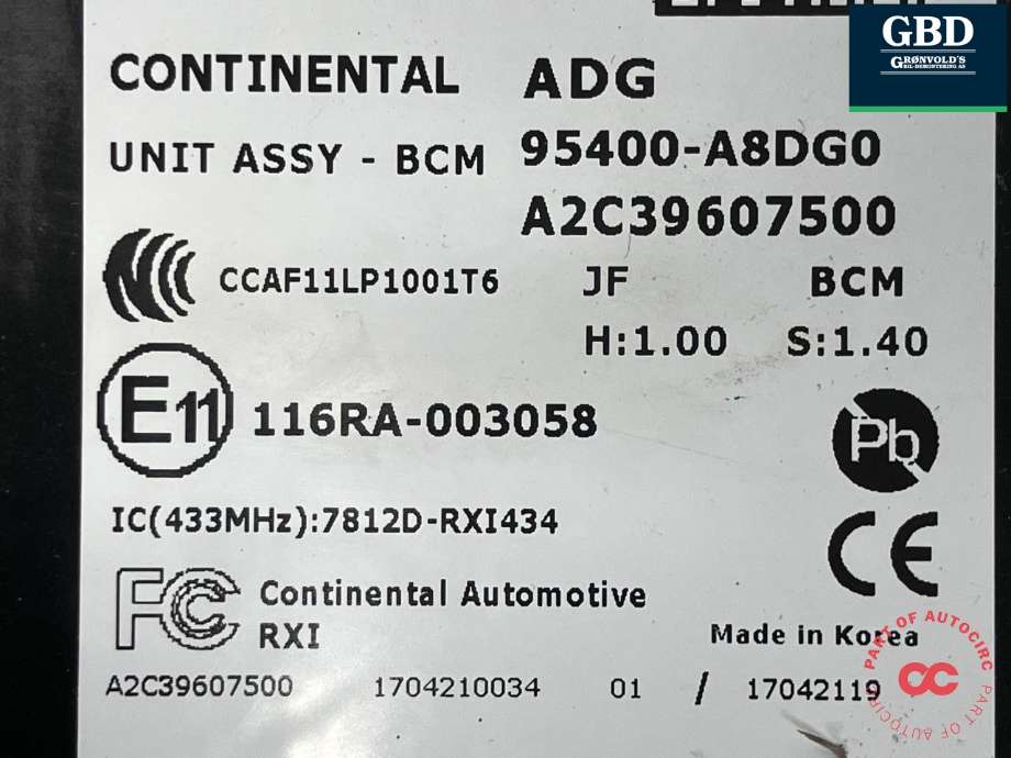 Styreenhet comfort (BCM) til Kia Optima 2017-2020 (CONTINENTAL|95400A 8DG0|95400-A8DG0|A2C39607500)