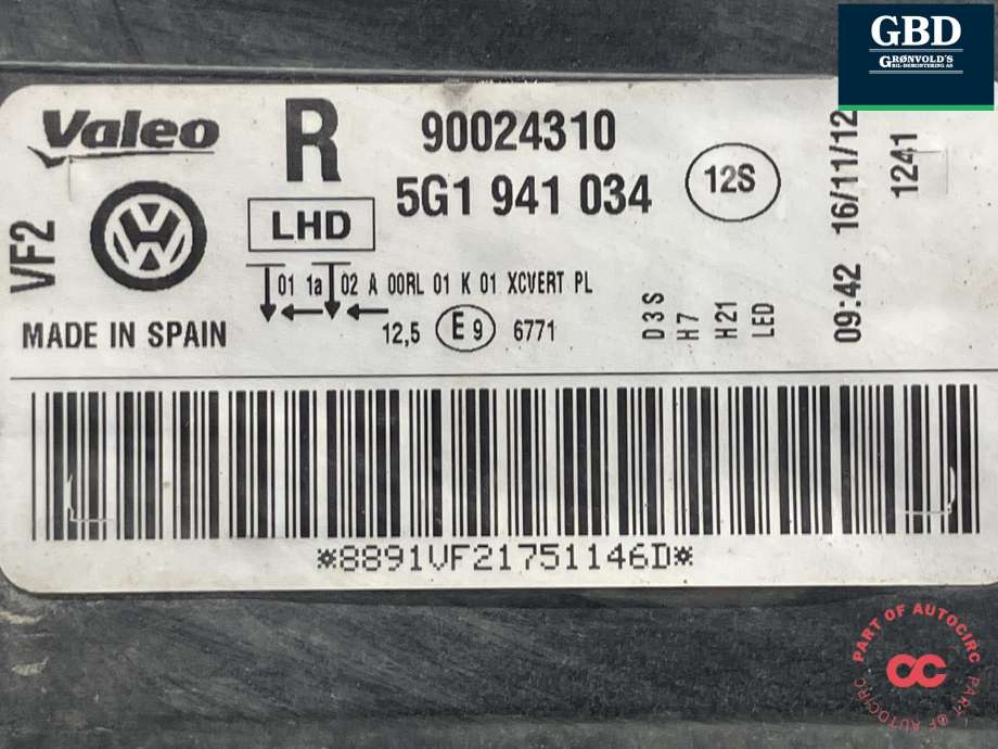 Frontlykt høyre xenon til VW Golf VII 2012-2017 (Fase 1) (VALEO|5G1 941 044|5G1 941 034|90024310)