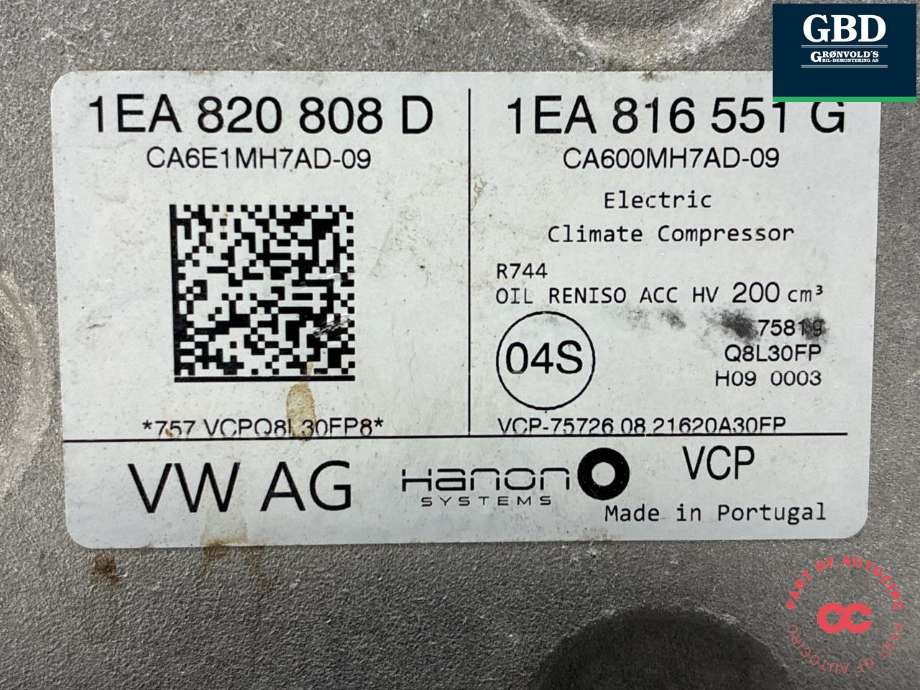 Aircondition kompressor elbil til Cupra Born 2022-->> (1EA 820 808 H|1EA 820 808 D|1EA 816 551 G)