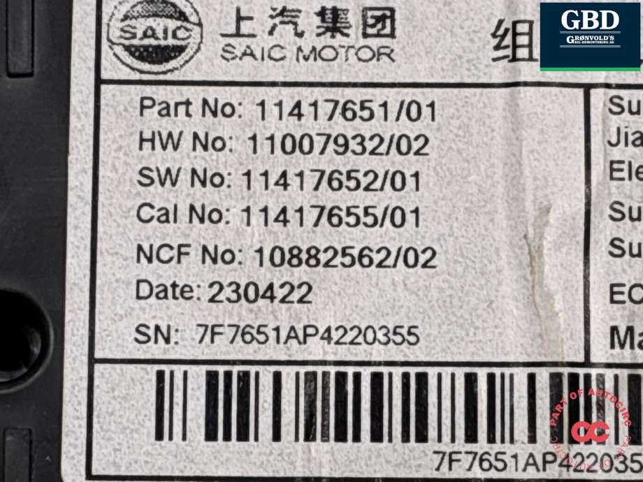 Instrumentpanel til MG ZS EV 2022-->> (Type I, Fase 2) (11246507|)