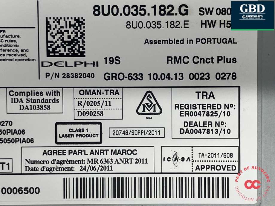 Bilstereo navigasjon til Audi Q3 2011-2014 (Type I, Fase 1)  (DELPHI|8U0 035 182 G|8U0 035 182 GX| 8U0 035 182 E|28382040)