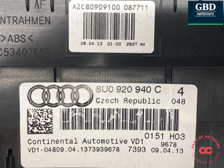 Instrumentpanel til Audi Q3 2011-2014 (Type I, Fase 1)  (CONTINENTAL|8U0 920 940 C|A2C80909100|)