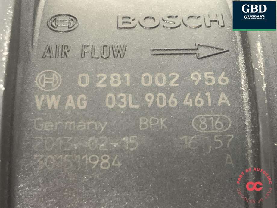 Luftmengde/luftmassemåler til Audi Q3 2011-2014 (Type I, Fase 1) (BOSCH|03L 906 461 A|0 281 002 956|)