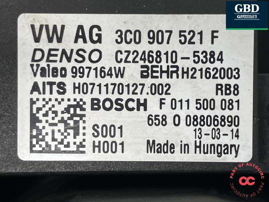 Varmeapparat motor til Audi Q3 2011-2014 (Type I, Fase 1) (BOSCH|1K1 820 021|3C0 907 521 F|F 011 500 081| CZ246810-5384| 997164W)