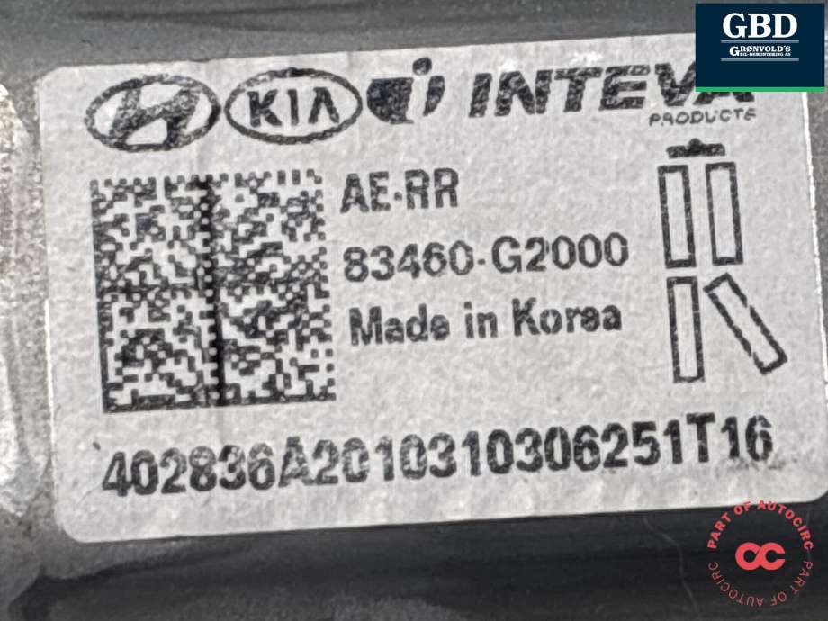 Ruteheis, kun motor, høyre bak til Hyundai Ioniq Electric 2019-->> (Fase 2)  (INTEVA|83460G 2000|83460-G2000|)