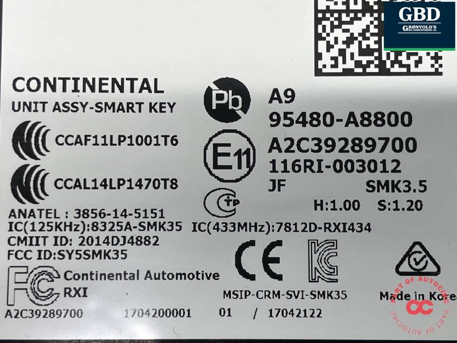 Styreenhet nøkkelfri/keyless til Kia Optima 2017-2020 (CONTINENTAL|95480A 8800|95480-A8800|A2C39289700)