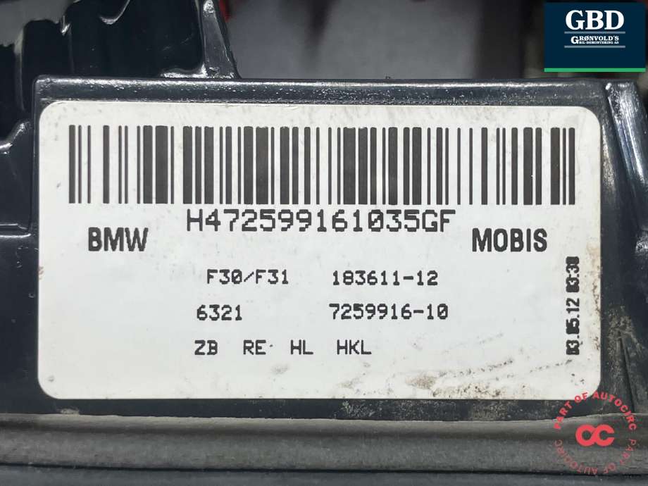 Baklykt høyre indre til BMW 3-Serie 2012-2018 (F30/F31/F34) (F30/F31/F34) (63 21 7 372 794|63 21 7 259 916|183611-12)