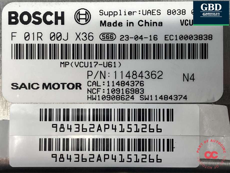 Styreenhet motor til MG ZS EV 2022-->> (Type I, Fase 2) (BOSCH|11484362|F 01R 00J X36)