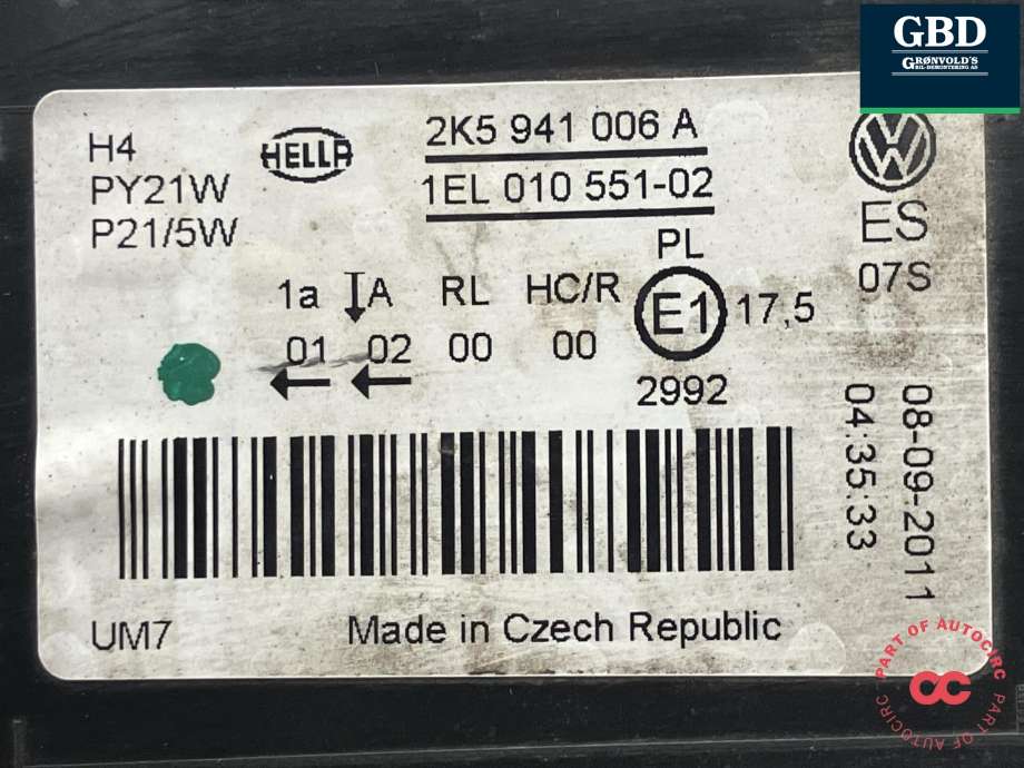 Frontlykt høyre halogen til VW Caddy 2010-2015 (Type III, Fase 2) (HELLA|2K5 941 006 A|1EL 010 551-02|)