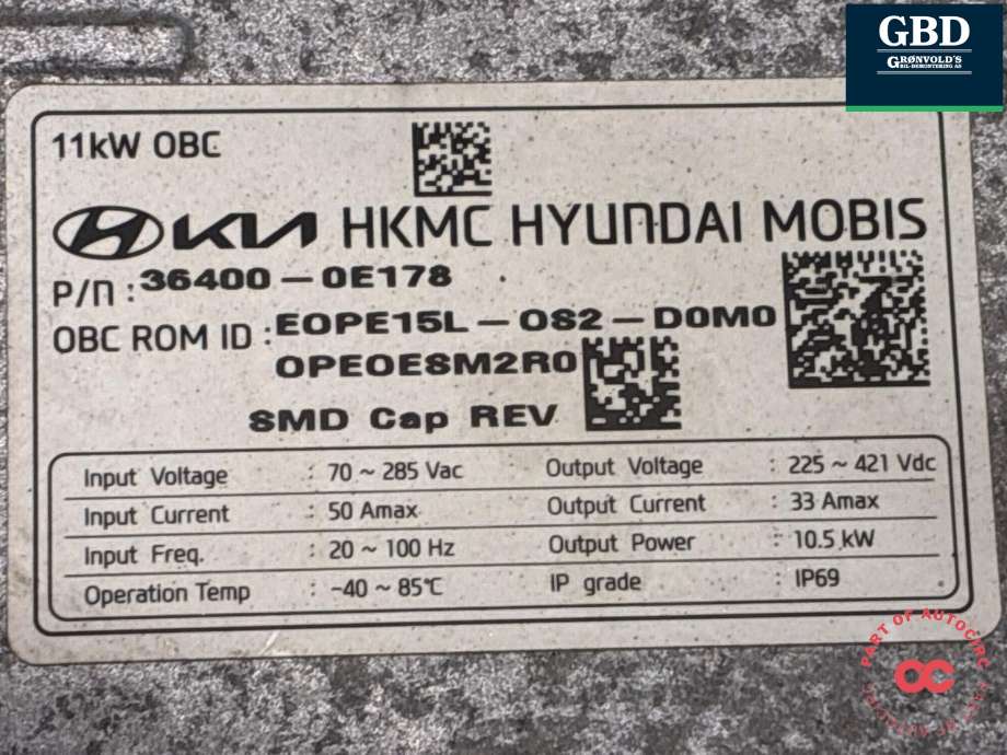 Batterilader (OBC - On Board Charger) til Hyundai Kona 2021-2023 (Type I, Fase 2)  (364000E178|)
