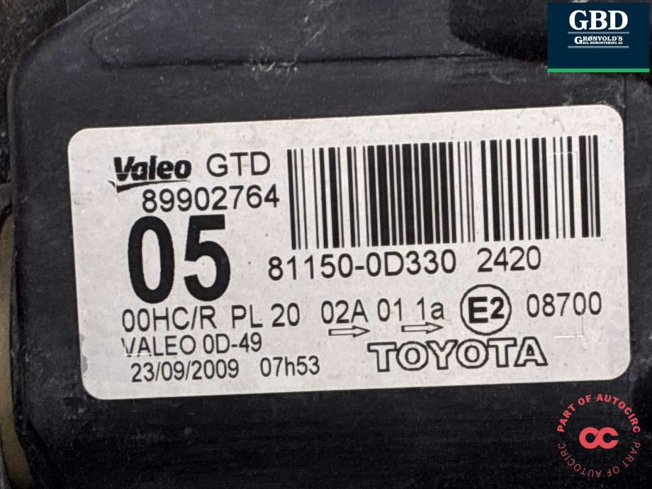 Frontlykt høyre halogen til Toyota Yaris 2009-2011 (Type II, Fase 2)  (811300D330|81130-0D330|)