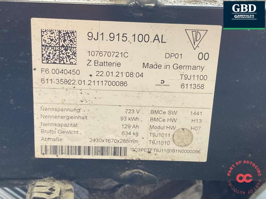 Batteripakke elbil til Audi e-tron GT 2021-->>  (9J1 915 100 BG|9J1 915 100 AL|)