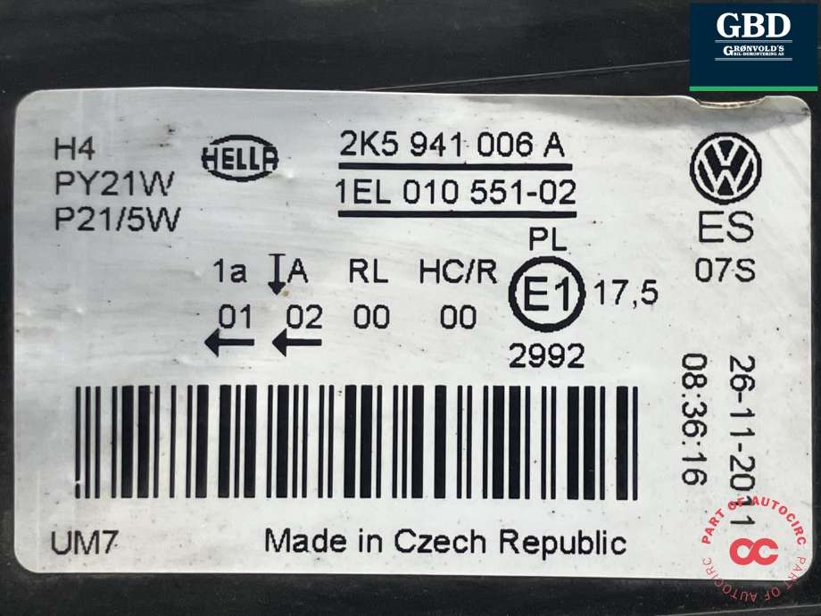 Frontlykt høyre halogen til VW Caddy 2010-2015 (Type III, Fase 2) (HELLA|2K5 941 006 A|1EL 010 551-02|)