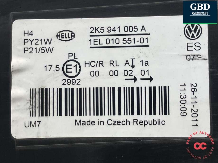 Frontlykt venstre halogen til VW Caddy 2010-2015 (Type III, Fase 2)  (HELLA|2K5 941 005 A|1EL 010 551-01|)