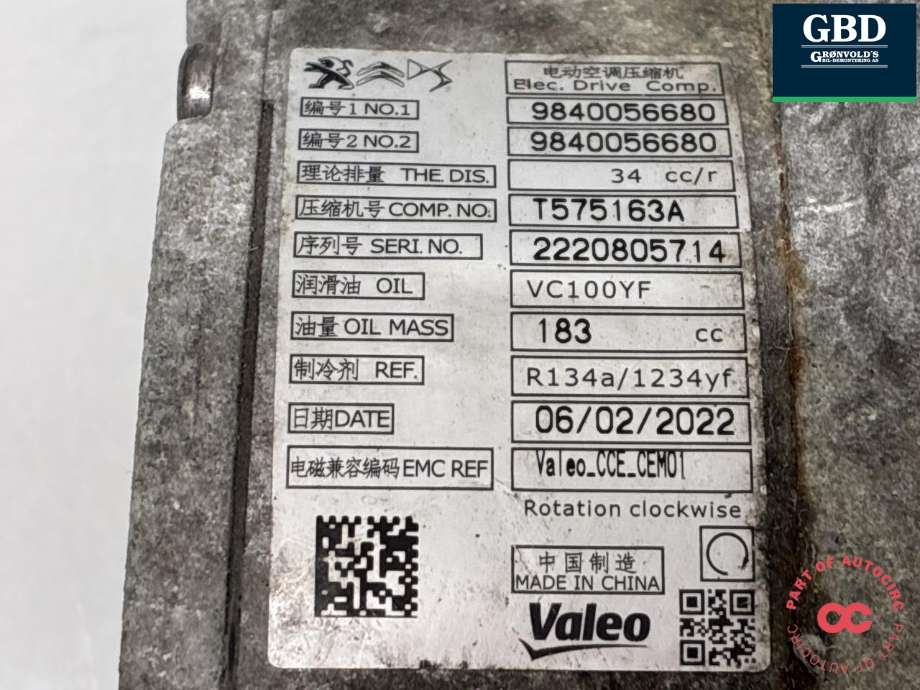 Aircondition kompressor elbil til Toyota Proace 2016-->> (Type II)  (SU001B3168|SU001B2933|)