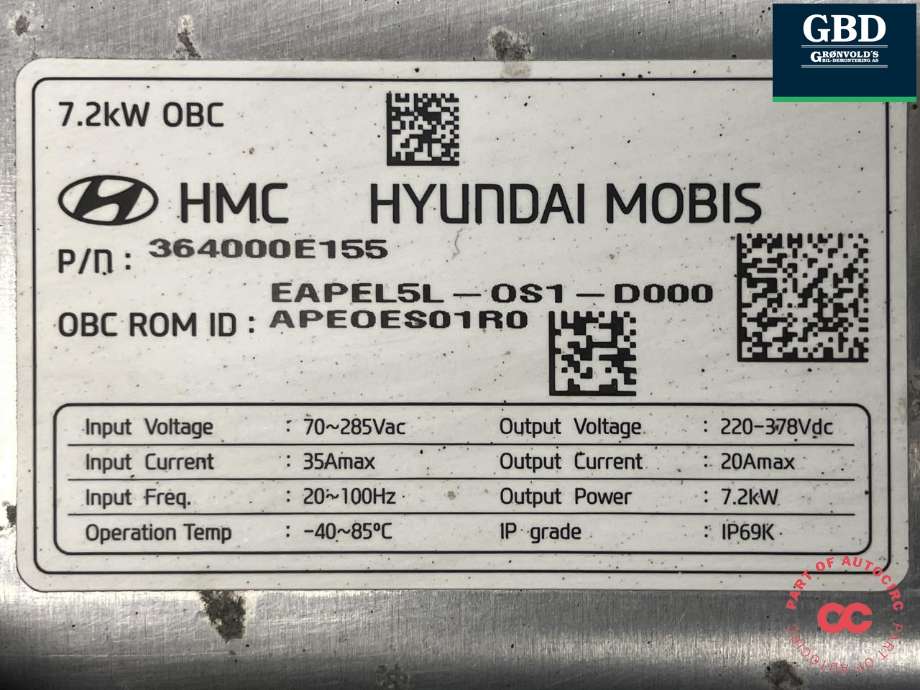 Batterilader (OBC - On Board Charger) til Hyundai Ioniq Electric 2019-->> (Fase 2)  (364000E155|EAPEL5L-OS1-D000|)