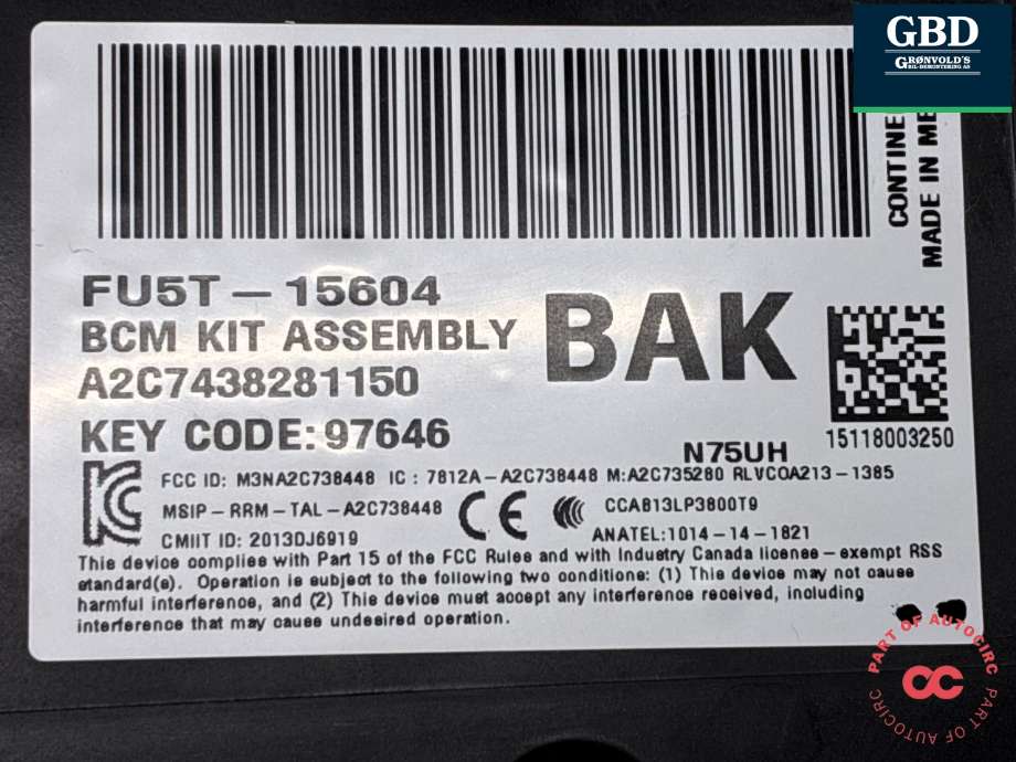 Sikringsboks kupe til Ford Mondeo 2014-2019 (Type V, Fase 1)  (1941650|FU5T-15604-BAL|DG9T-14B476-B| A2C7438281150)