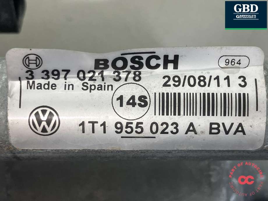 Viskermotor frontrute komplett m/overføring til VW Caddy 2010-2015 (Type III, Fase 2) (BOSCH|2K1 955 023 J|1T1 955 023 A| 1T1 955 119 A|1 397 220 656| 3 397 021 378)