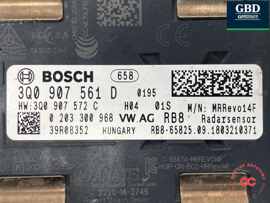 Sensor radar til Škoda Superb 2015-->> (Type III) (BOSCH|3Q0 907 561 E|3Q0 907 561 D| 3Q0 907 572 C|0 203 300 968)