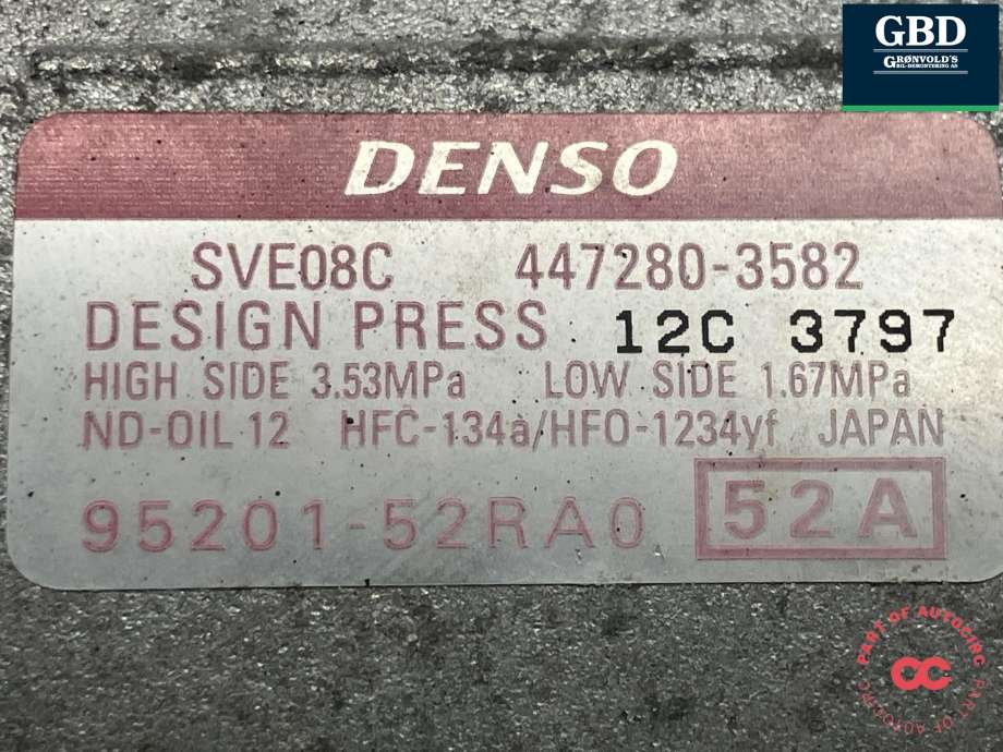 Aircondition kompressor til Suzuki Swift 2017-->>  (DENSO|95200-52RA0-000|95201-52RA0|447280-3582)
