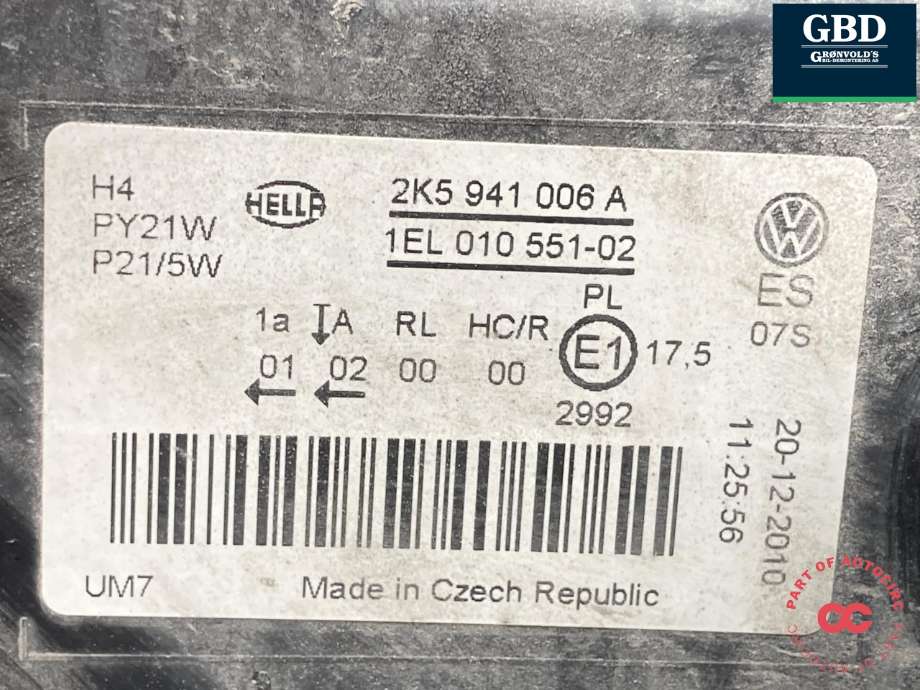 Frontlykt høyre halogen til VW Caddy 2010-2015 (Type III, Fase 2)  (2K5 941 006 A|)